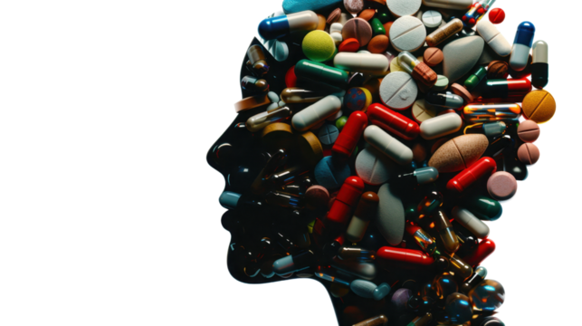 Human head silhouette filled with colorful pills on transparent background