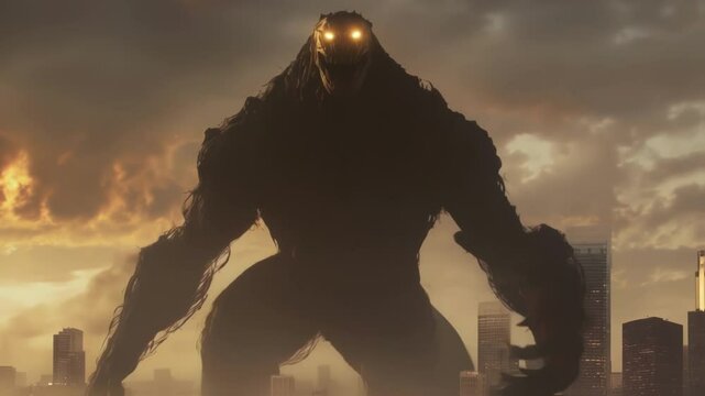 In the foreground a group of tiny human figures watches in awe and terror as the colossal golem looms above with its eyes glowing ominously juxtaposed against the modern cityscape around