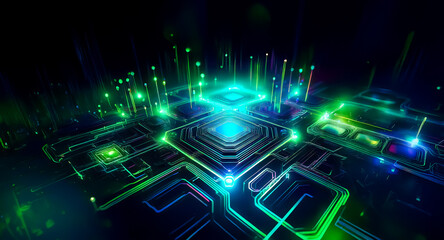 Abstract digital landscape of a glowing circuit board, illuminated with vibrant green and blue lights, symbolizing technology and interconnected networks.