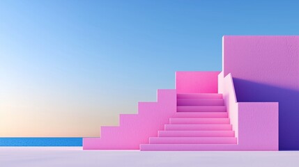 Fototapeta premium A pink staircase against a blue sky near an ocean setting