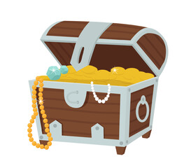 Vivid vector illustration of a wooden pirate treasure chest filled with gold coins and jewels. The scene captures a treasure and wealth element.
