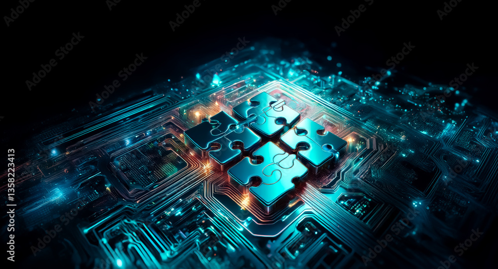 Poster illuminated puzzle pieces form a square on a futuristic circuit board with glowing lines and intrica