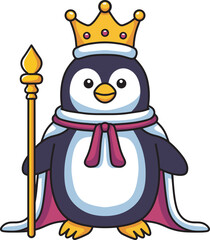 Penguin king with gold crown cartoon illustration