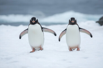 Obraz premium Adorable pair of penguins waddling across snowy icy landscape capture natural charm for wildlife photography