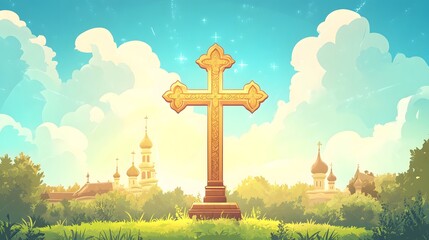 Symbolic Cartoon Illustration of Orthodox Cross Signifying Faith and Tradition
