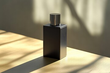 Elegant Black Perfume Bottle with Sunlight Shadow, and Wooden Table.