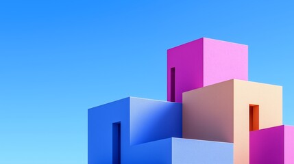 Fototapeta premium Colorful geometric building structures stacked against a bright blue sky