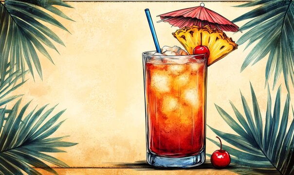 Ice cold cocktail is garnished with pineapple wedge, maraschino cherry and cocktail umbrella, accompanied by palm leaves on vintage background