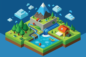 Explore a colorful isometric illustration showcasing the water cycle with mountains, rivers, and vegetation, Water cycle Customizable Isometric Illustration