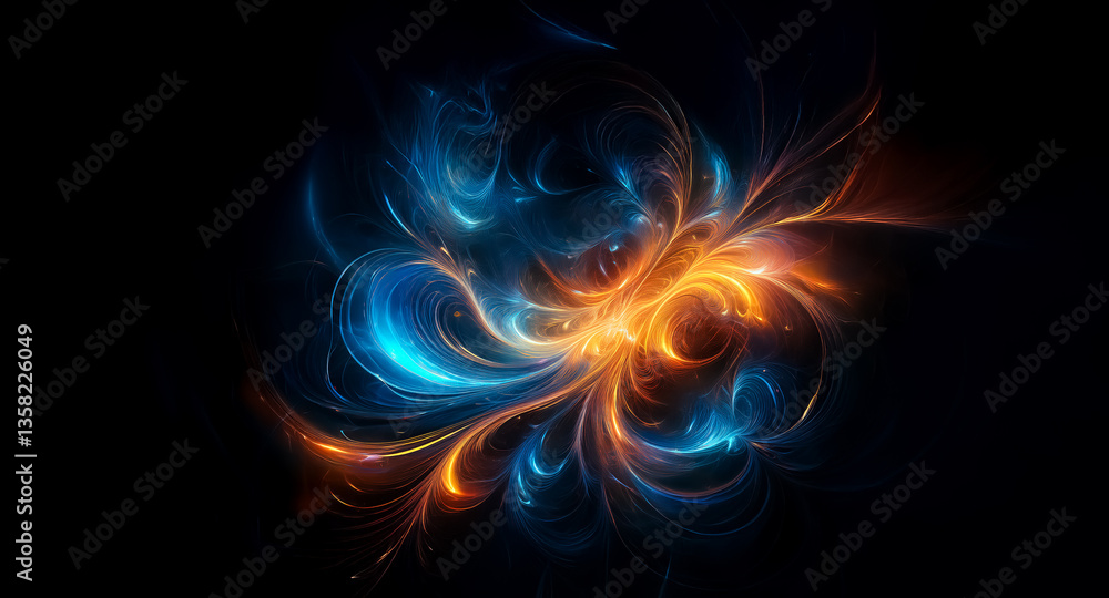 Poster abstract fractal art features dynamic swirls of vibrant blue and orange, creating a luminous and ene