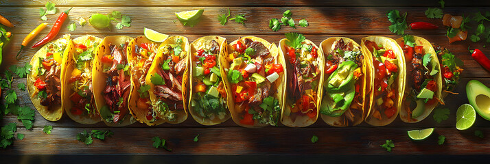 A Festive Array of Colorful Tacos Sparking Joy and Culinary Delight on a Rustic Wooden Table