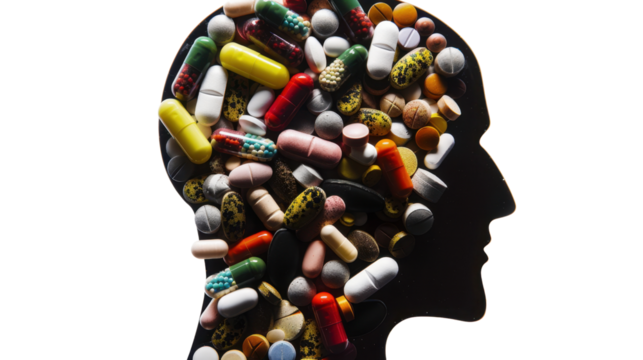 Human head silhouette filled with colorful pills on transparent background - Powered by Adobe