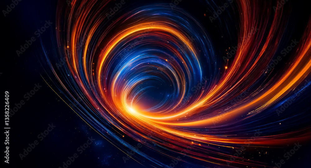 Poster swirling vortex of vibrant orange and blue light on a dark background. luminous spiral design with d