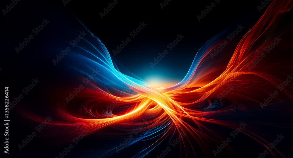 Poster abstract flowing waves of vibrant blue and warm red light intertwine against a dark backdrop, creati