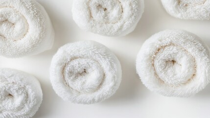Top down view of neatly rolled fluffy towels isolated a clean white background