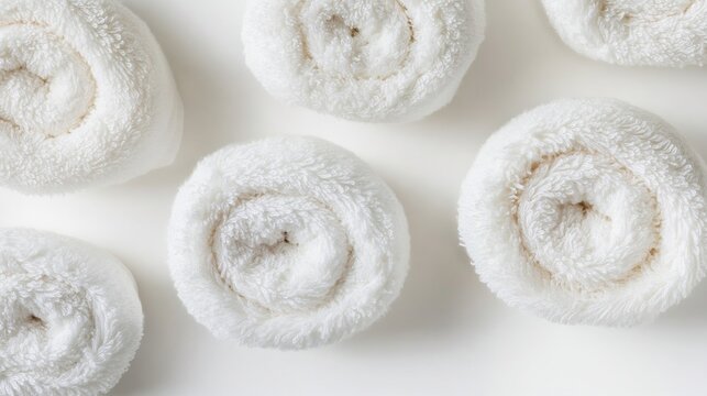 Top down view of neatly rolled fluffy towels isolated a clean white background