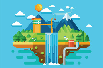 Fototapeta premium A vibrant landscape features a customizable waterfall cascading from mountains amid lush greenery, Waterfall method Customizable Flat Illustration