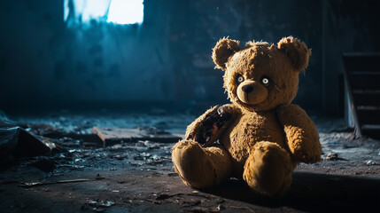 A decaying, old teddy bear with one arm torn off, its button eyes barely hanging on, sitting in a dark, abandoned nursery, dust floating in the air and shadows creeping across the room 