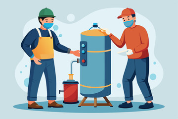 Two masked technicians are fixing a water heater in a home environment, focusing on their work, Water heater repair, Two men in masks and work suits fix plumbing problems