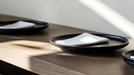 A minimal and stylish table setting with flat black plates, a single white napkin, and a polished wooden surface