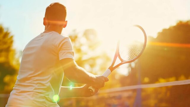 Backlit video shot of a tennis player preparing to swing, captured from a low angle, emphasizing action and energy in warm, golden light.