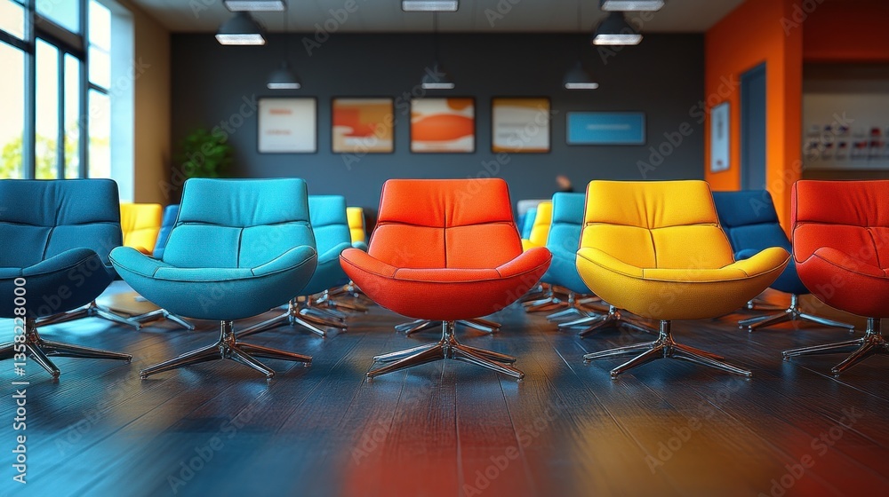 Poster a seating area with colorful chairs and tables.
