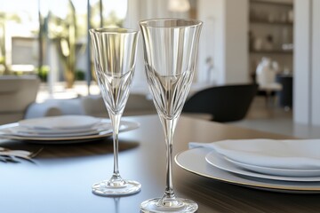 Elegant Crystal Wine Glasses on Modern Table Setting.