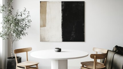 A minimalist dining corner with a round white table, stackable wooden chairs, and a monochrome abstract wall art piece