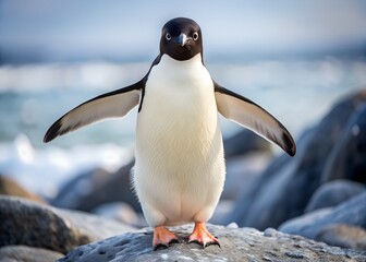 Naklejka premium Majestic Penguin: A solitary penguin, arms outstretched against the backdrop of a coastal scene. The stark contrast between its dark plumage and the serene environment emphasizes its unique elegance.