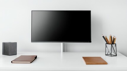 Fototapeta premium A minimalist home office featuring a white desk, a single sleek monitor, a leather notebook, and a geometric pencil holder