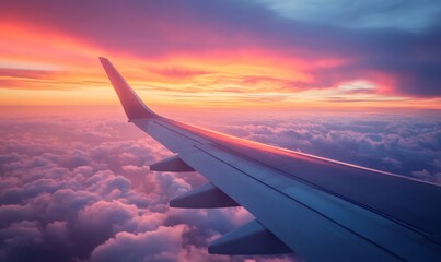 Fototapeta premium Airplane wing soaring through a breathtaking sunset sky, offering a mesmerizing view of the colorful clouds below