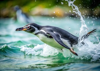 Fototapeta premium Penguin's Aquatic Ascent: A penguin bursts out of water creating a stunning splash, captured in a moment of dynamic action and natural wonder, with a soft focus background.