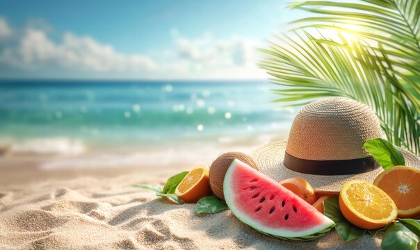Relaxing on a sunny tropical beach, fresh summer fruits and a straw hat create a perfect scene for vacation bliss and joyful moments