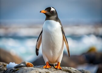 Fototapeta premium Gentoo Penguin on the Rocks: A photorealistic image of a gentoo penguin standing on a rocky outcrop near the sea, its distinctive markings and vibrant orange beak standing out.