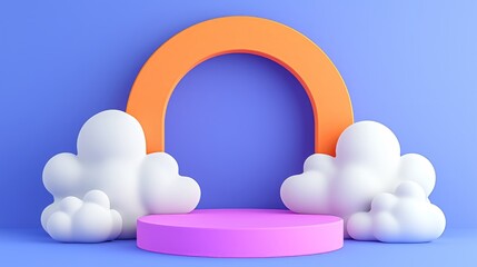 An abstract composition with clouds and an orange arched design