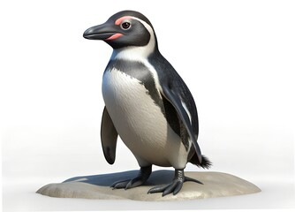 Obraz premium Penguin on Stone: A single penguin, showcasing its distinctive black and white plumage, perched on a stone, captured in a photorealistic representation.