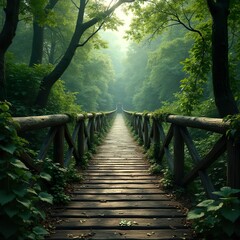 A long wooden bridge over a river, deep in a green forest, surrounded by trees and vines