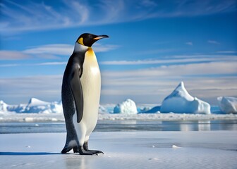 Obraz premium Emperor Penguin in Ice Land: This photograph showcases a majestic emperor penguin standing confidently amidst a captivating ice landscape.