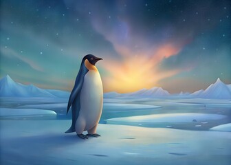 Fototapeta premium A Penguin's Solitude: An emperor penguin stands solitary on a frozen terrain, gazing at the horizon as the sun rises over the snowy landscape.