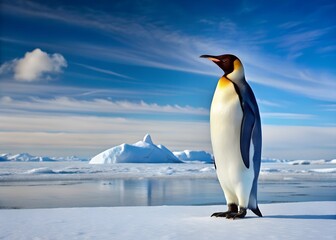 Fototapeta premium Regal Penguin Amidst Icy Majesty: A magnificent penguin stands proudly in a vast expanse of snow and ice, under a brilliant blue sky dotted with fluffy clouds.