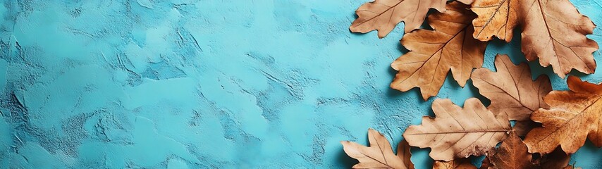 Autumn leaves scattered across a textured turquoise colored surface