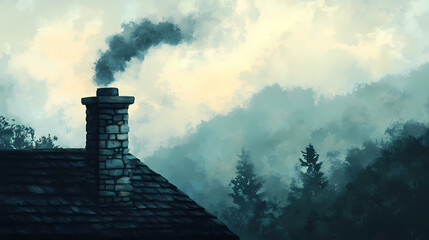 A rustic chimney emitting smoke against a serene backdrop, symbolizing warmth and home. Wraithstone Core. Illustration