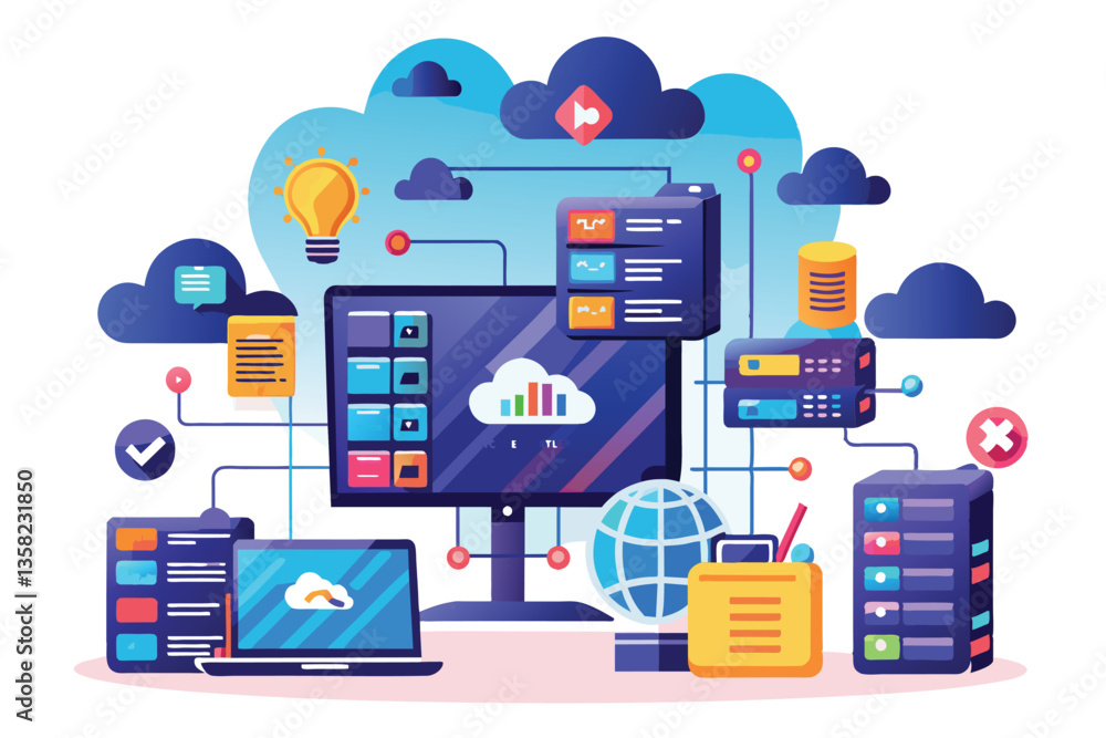 Poster a digital representation of web hosting features servers, cloud icons, and monitoring tools in a col