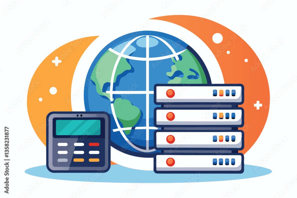 Poster a globe is surrounded by servers and a computer, representing global web hosting services and techno