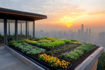 Obraz premium Rooftop Garden Sunrise Cityscape.