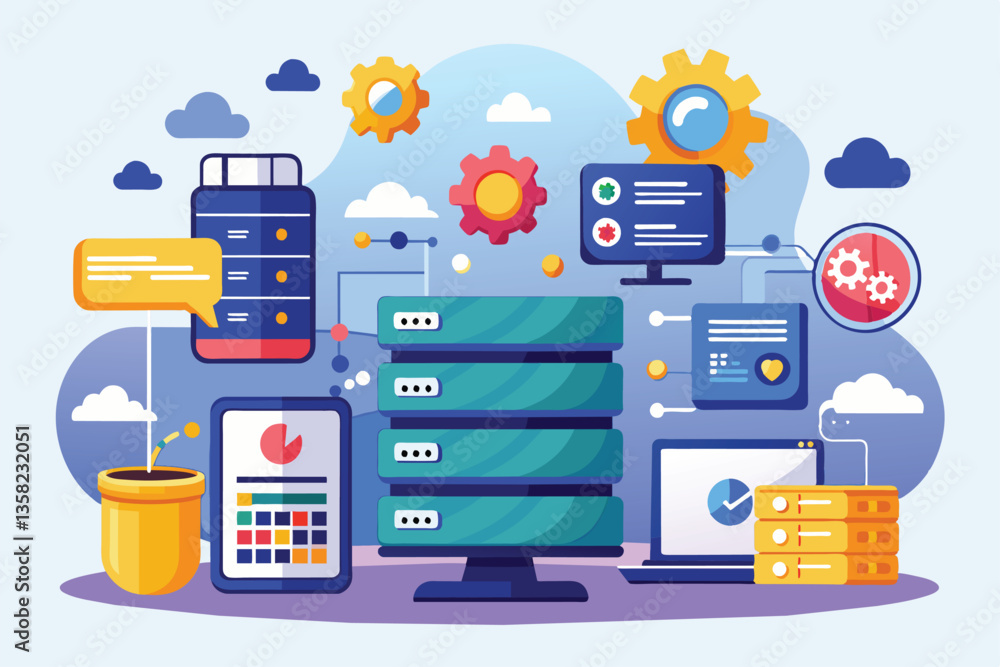  a colorful representation of web hosting and database storage solutions featuring digital devices an