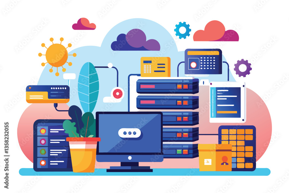 Poster a colorful illustration showcases a computer connected to servers and cloud storage for web hosting 
