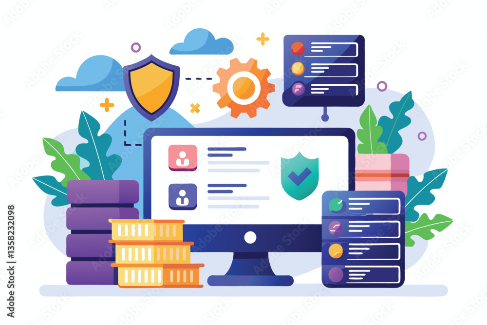  a vibrant display illustrates web hosting with sql databases, security features, and data management