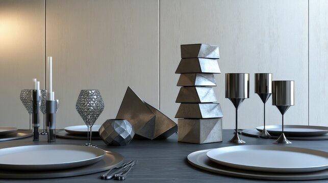 A modern dining table with circular chargers, angular metal candleholders, and a centerpiece of stacked geometric blocks