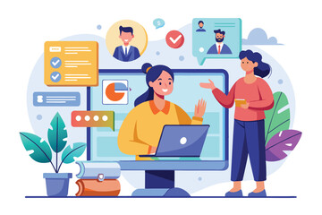 Two professionals engage in a remote work discussion in a colorful, modern virtual office environment, Webinar